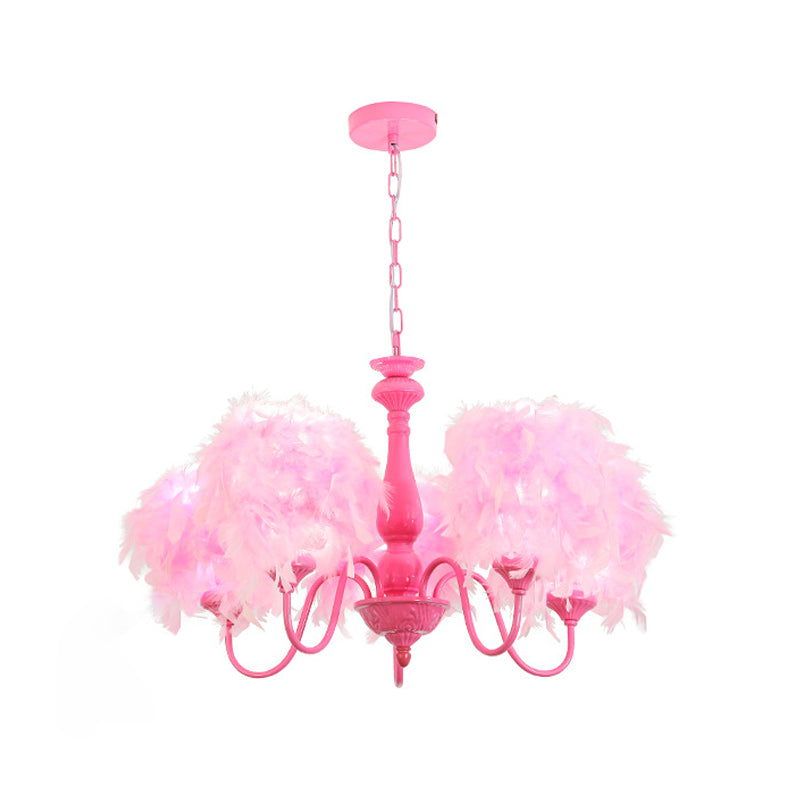 5-Light Pink Curvy Arm Chandelier Lamp With Feather Shade - Kids Metal Suspension Lighting