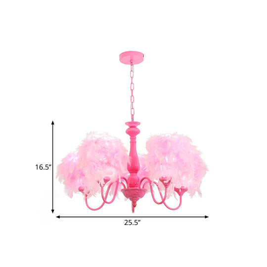 5-Light Pink Curvy Arm Chandelier Lamp With Feather Shade - Kids Metal Suspension Lighting