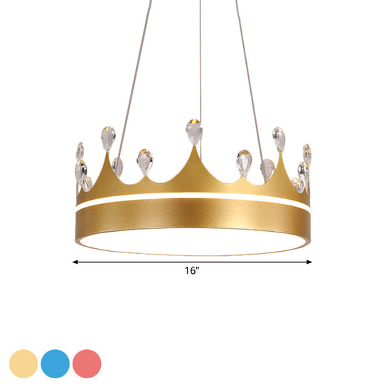 Modern Metal Crown Chandelier Light With Led Suspended Lighting And Crystal Deco - Pink/Blue/Gold