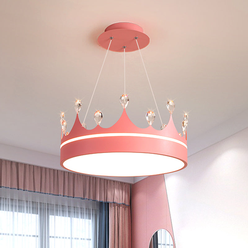 Modern Metal Crown Chandelier Light With Led Suspended Lighting And Crystal Deco - Pink/Blue/Gold