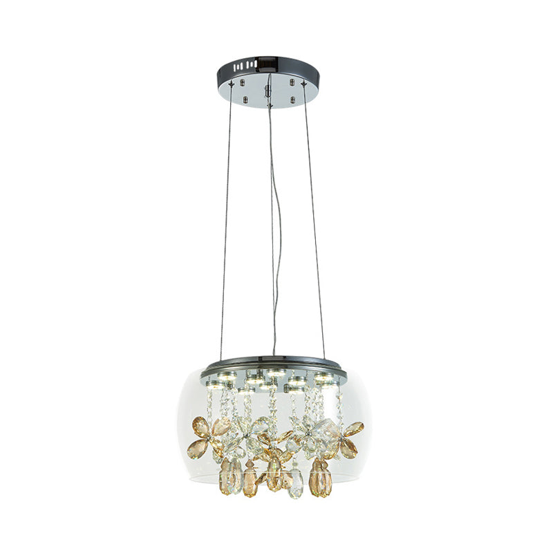 Clear Glass LED Sliver Chandelier: Modernist Bowl Design, 14"/16" Width, Dangling Crystal, Warm/White Light