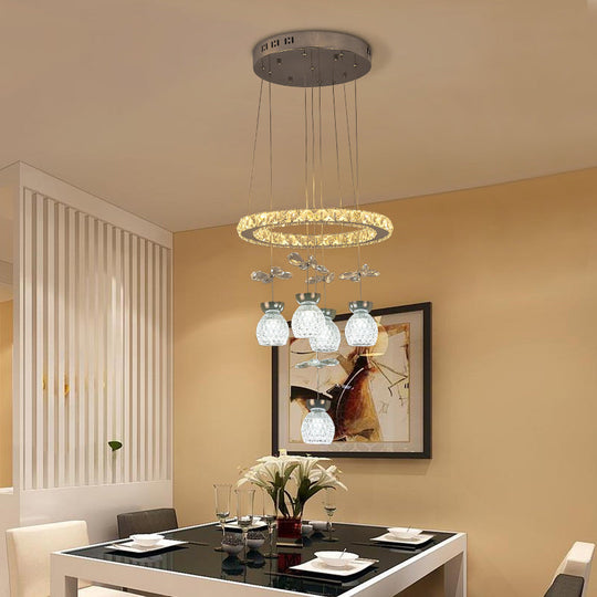 Modern K9 Crystal Chandelier With Hoop Design - Chrome Finish 3/5 Bulb Ceiling Pendant