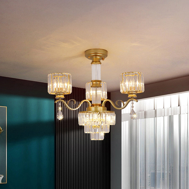 Minimalist Crystal 3-Head Chandelier Lamp in Black/Gold for Restaurants - Clear, 3-Tier Design with Cylinder Shade