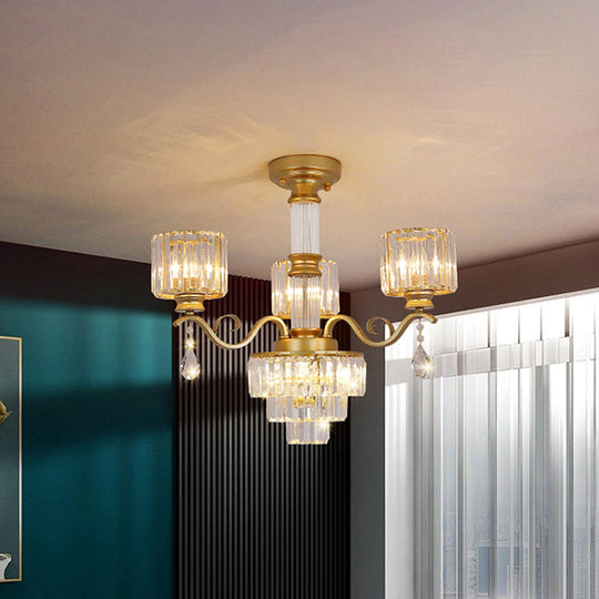 Minimalist Crystal 3-Head Chandelier Lamp in Black/Gold for Restaurants - Clear, 3-Tier Design with Cylinder Shade