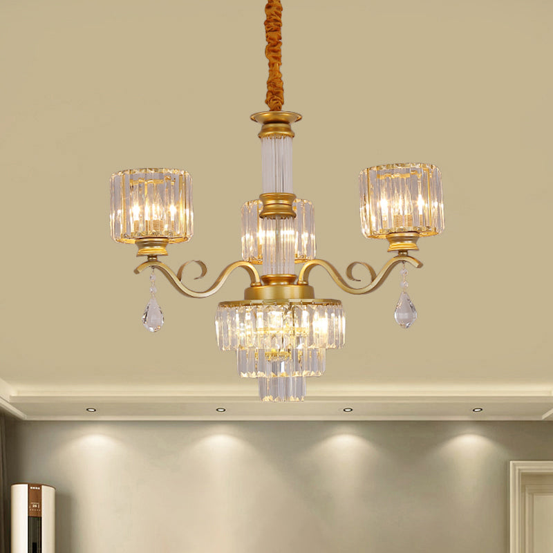 Minimalist Clear Crystal 3-Light Chandelier With Cylinder Shade For Restaurants - Black/Gold