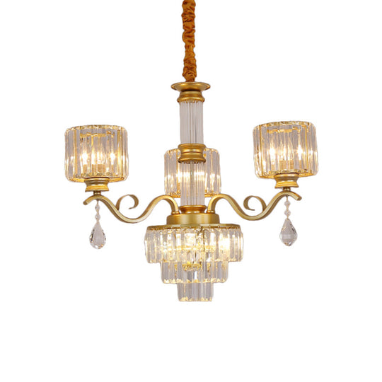 Minimalist Crystal 3-Head Chandelier Lamp in Black/Gold for Restaurants - Clear, 3-Tier Design with Cylinder Shade