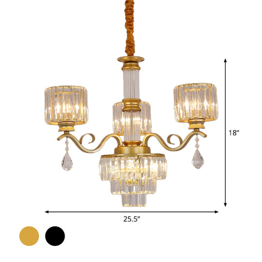 Minimalist Crystal 3-Head Chandelier Lamp in Black/Gold for Restaurants - Clear, 3-Tier Design with Cylinder Shade