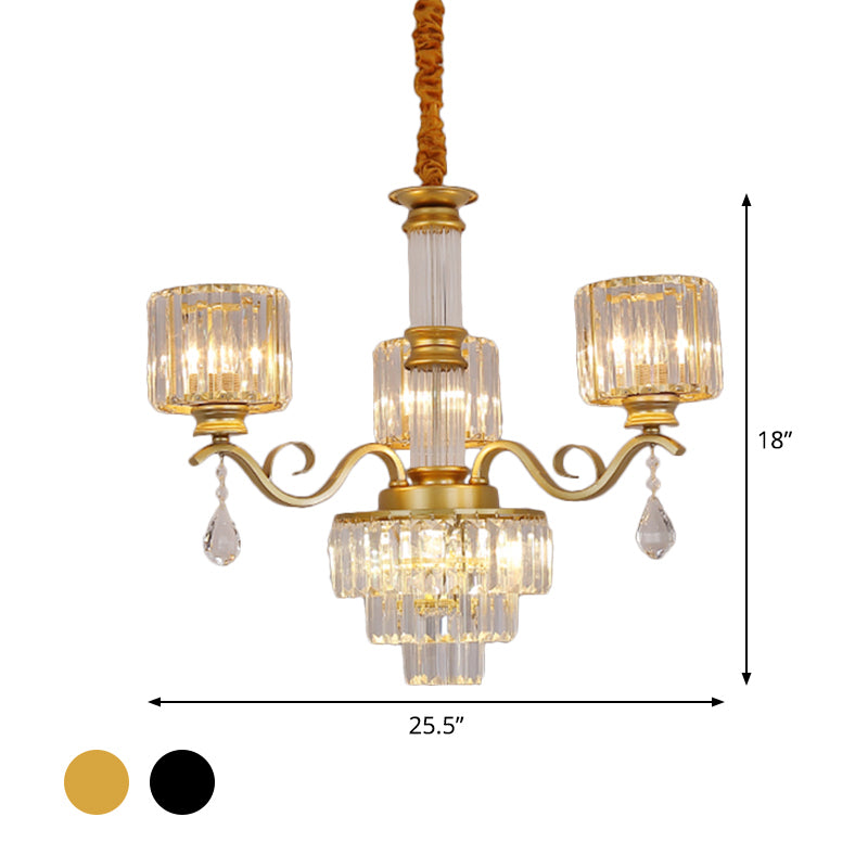 Minimalist Clear Crystal 3-Light Chandelier With Cylinder Shade For Restaurants - Black/Gold