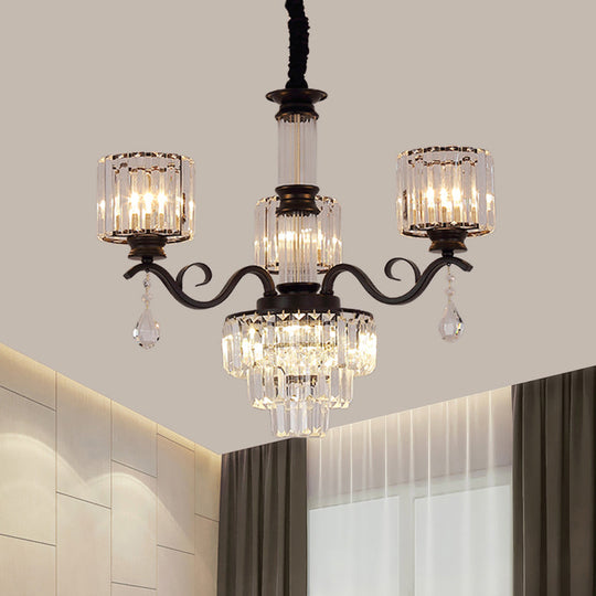 Minimalist Crystal 3-Head Chandelier Lamp in Black/Gold for Restaurants - Clear, 3-Tier Design with Cylinder Shade