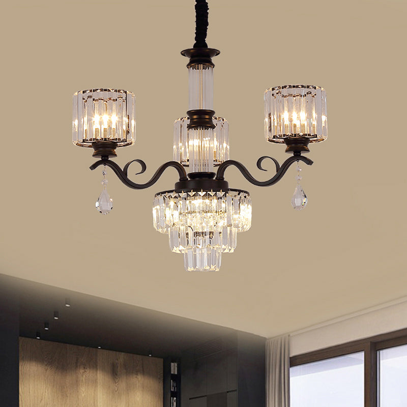 Minimalist Crystal 3-Head Chandelier Lamp in Black/Gold for Restaurants - Clear, 3-Tier Design with Cylinder Shade