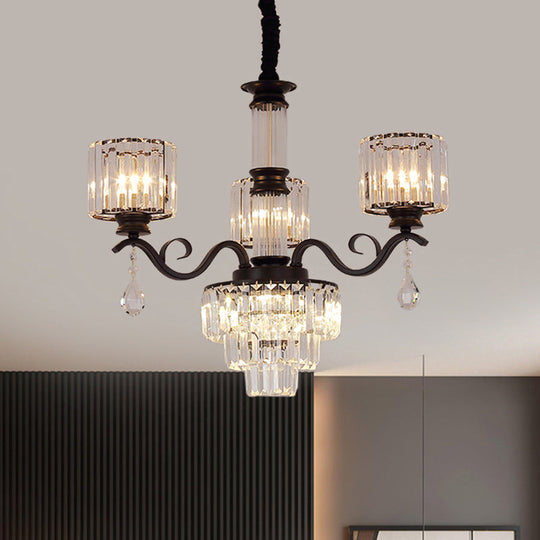 Minimalist Crystal 3-Head Chandelier Lamp in Black/Gold for Restaurants - Clear, 3-Tier Design with Cylinder Shade