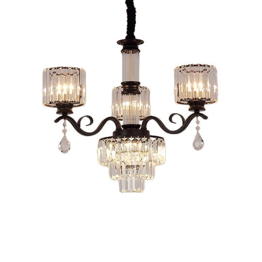 Minimalist Crystal 3-Head Chandelier Lamp in Black/Gold for Restaurants - Clear, 3-Tier Design with Cylinder Shade