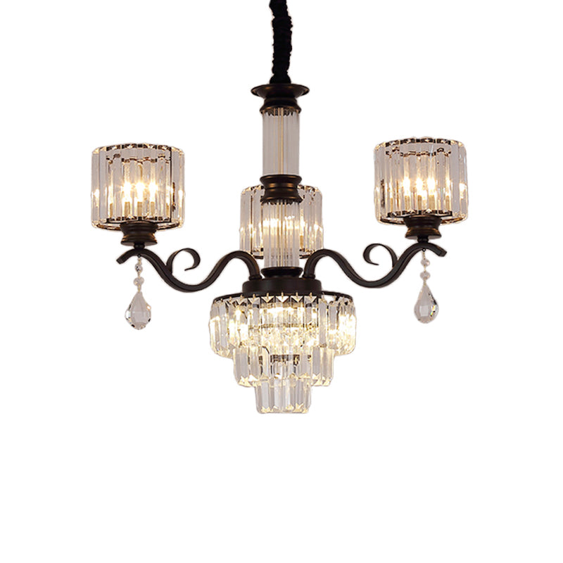 Minimalist Clear Crystal 3-Light Chandelier With Cylinder Shade For Restaurants - Black/Gold