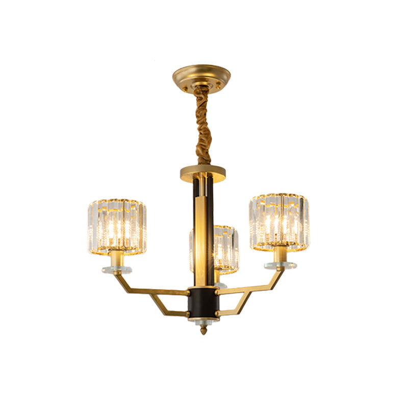 Minimalist Gold Chandelier With Cylinder Prisms - 3/6 Heads Dining Room Suspension Lamp