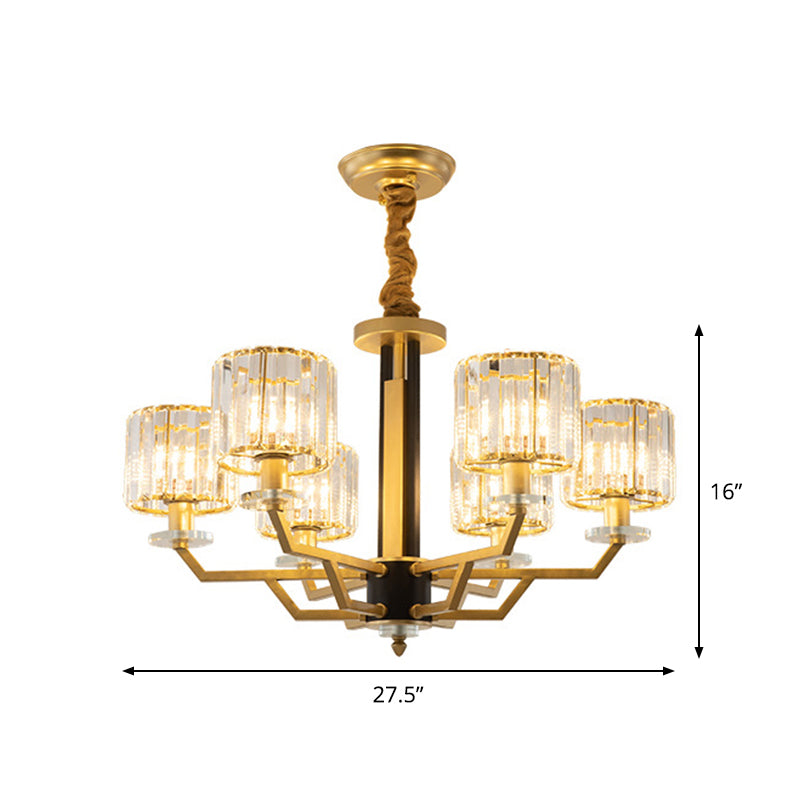 Minimalist Gold Chandelier With Cylinder Prisms - 3/6 Heads Dining Room Suspension Lamp