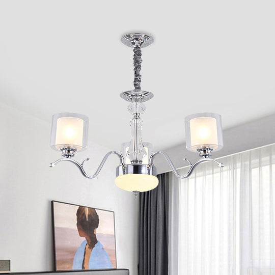 Modern Chrome Dual Cylinder Chandelier with 3 Bulbs, Clear and Opal Glass - Ceiling Hanging Fixture