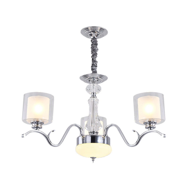 Modern Chrome Dual Cylinder Chandelier With 3 Bulbs Clear And Opal Glass Ceiling Hanging Fixture