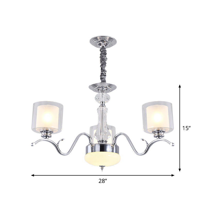 Modern Chrome Dual Cylinder Chandelier With 3 Bulbs Clear And Opal Glass Ceiling Hanging Fixture