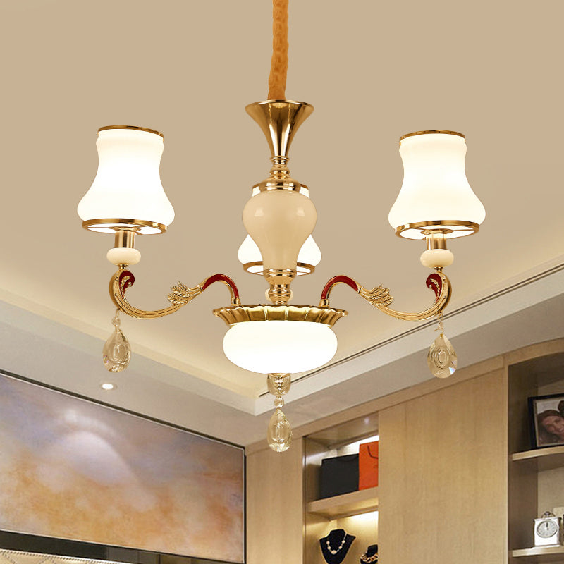 Contemporary Opal Glass Curved Cone Chandelier Light with Crystal Drop Deco - Gold Finish, 3/6 Bulbs