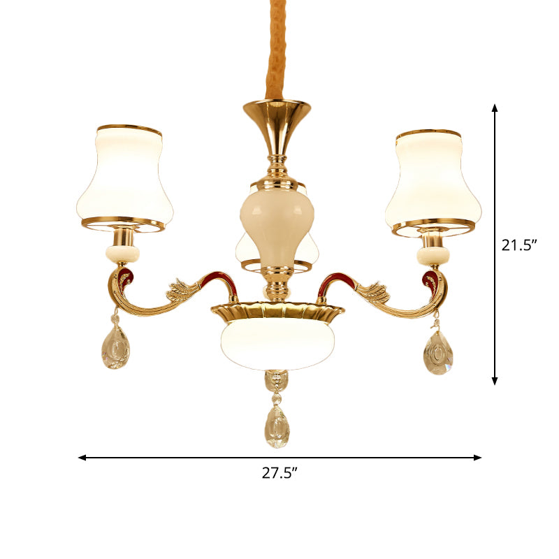 Modern Opal Glass Curved Cone Chandelier With Crystal Deco - 3/6 Bulbs Gold Pendant Drop Light