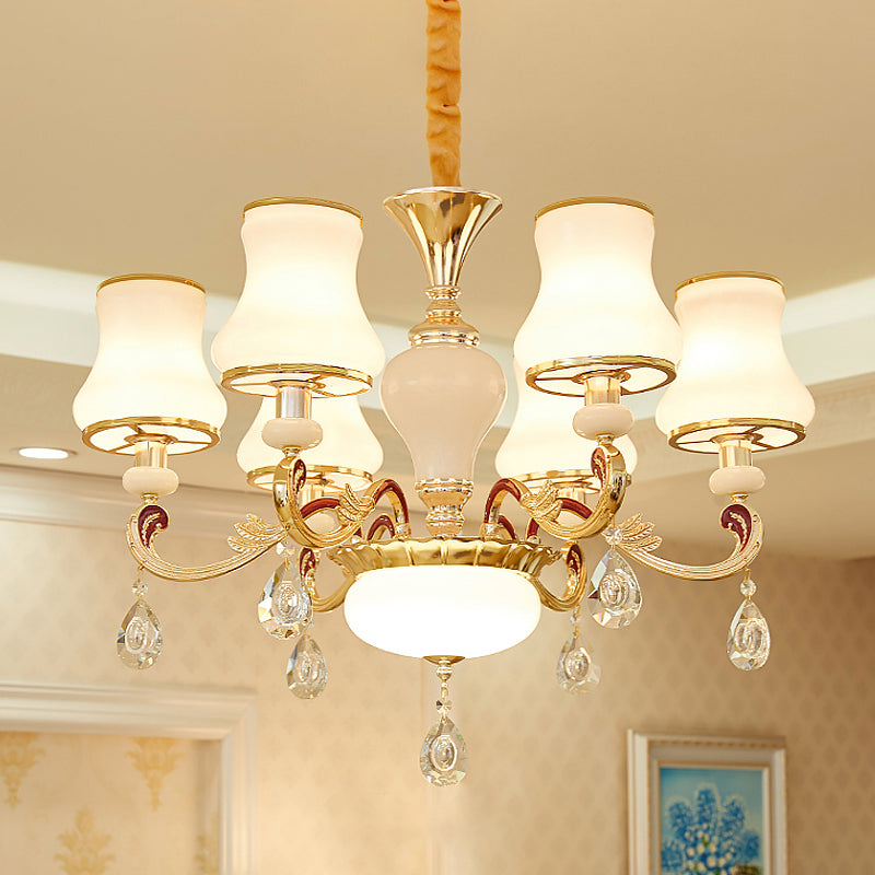 Contemporary Opal Glass Curved Cone Chandelier Light with Crystal Drop Deco - Gold Finish, 3/6 Bulbs