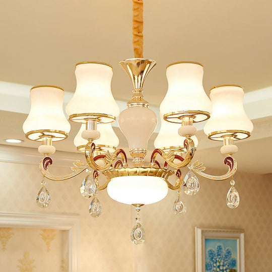 Contemporary Opal Glass Curved Cone Chandelier Light with Crystal Drop Deco - Gold Finish, 3/6 Bulbs