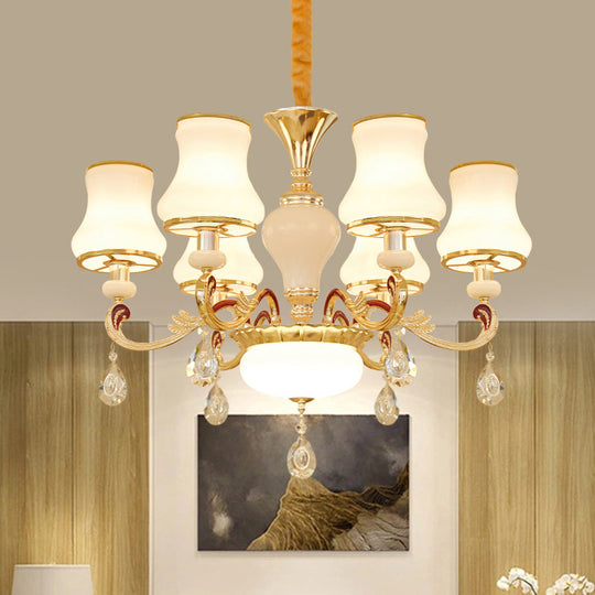 Contemporary Opal Glass Curved Cone Chandelier Light with Crystal Drop Deco - Gold Finish, 3/6 Bulbs