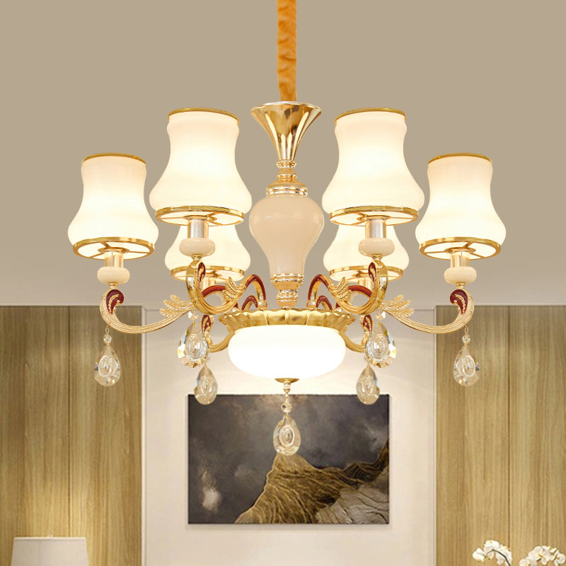 Modern Opal Glass Curved Cone Chandelier With Crystal Deco - 3/6 Bulbs Gold Pendant Drop Light