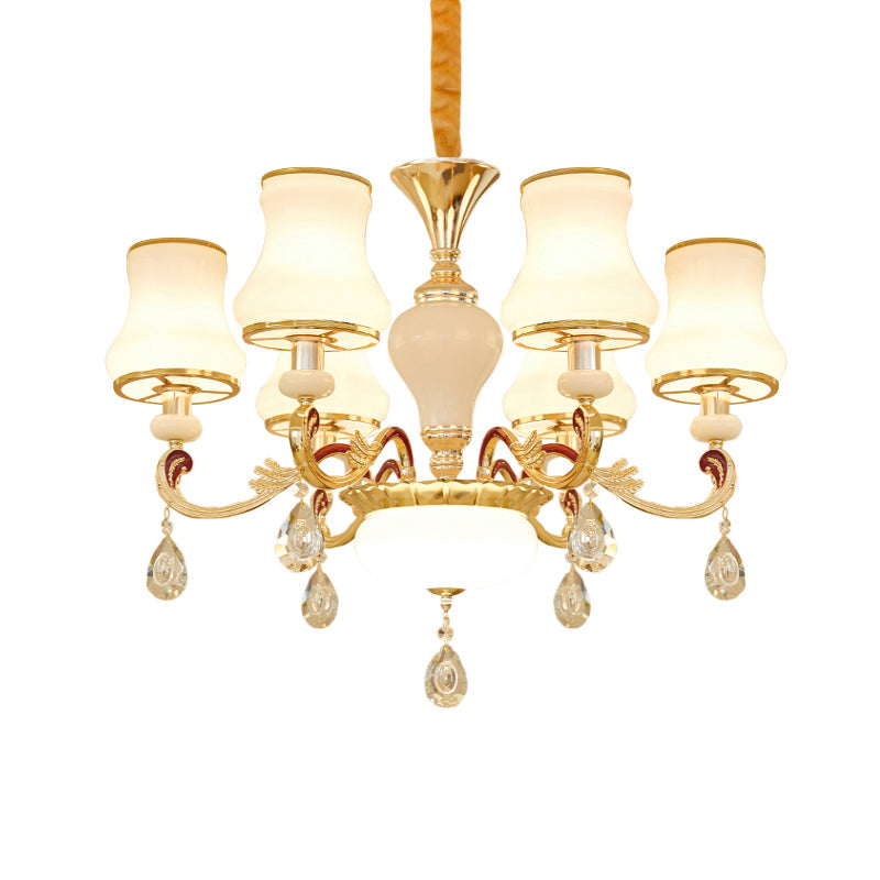 Contemporary Opal Glass Curved Cone Chandelier Light with Crystal Drop Deco - Gold Finish, 3/6 Bulbs