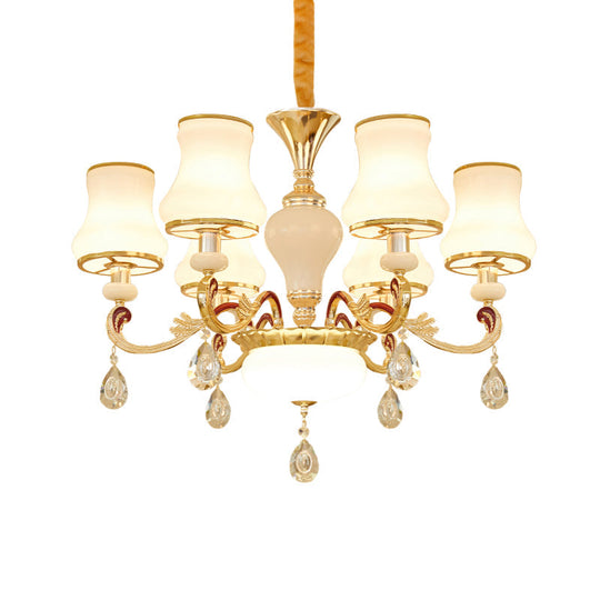 Contemporary Opal Glass Curved Cone Chandelier Light with Crystal Drop Deco - Gold Finish, 3/6 Bulbs