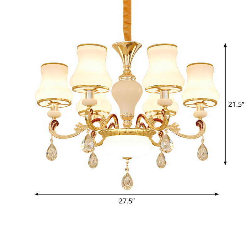 Contemporary Opal Glass Curved Cone Chandelier Light with Crystal Drop Deco - Gold Finish, 3/6 Bulbs