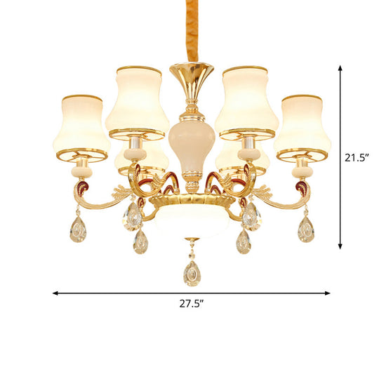 Contemporary Opal Glass Curved Cone Chandelier Light with Crystal Drop Deco - Gold Finish, 3/6 Bulbs