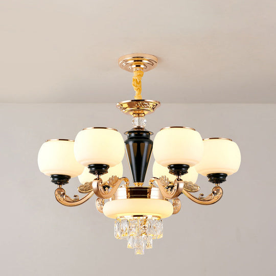 6-Light Opal Glass and Crystal Block Chandelier: Elegant 3-Layer Pendant for Sitting Room Ceiling in Gold