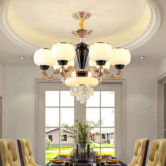 6-Light Opal Glass and Crystal Block Chandelier: Elegant 3-Layer Pendant for Sitting Room Ceiling in Gold