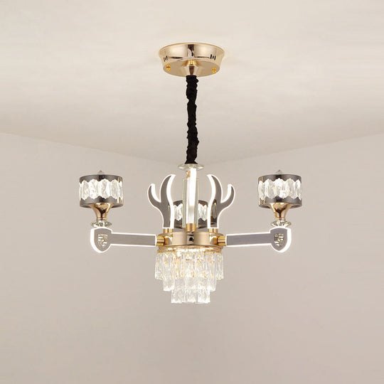 Modern K9 Crystal 3-Head Chrome Drum Pendant Chandelier with Antler Design