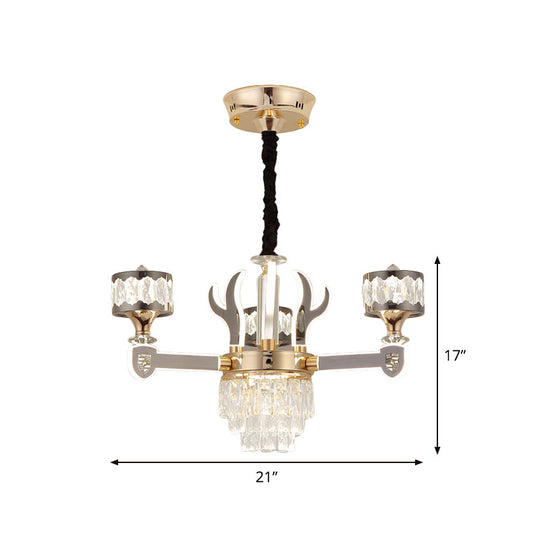 Modern Crystal Antler Drum Pendant Chandelier With 3 K9 Heads - Chrome Ceiling Fixture