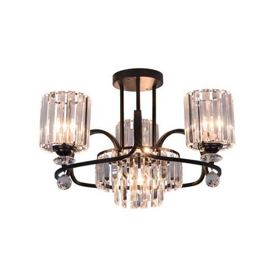 Modernist Crystal Prisms Cylindrical Suspension Lamp - 4-Bulb Black Ceiling Chandelier for Drawing Room