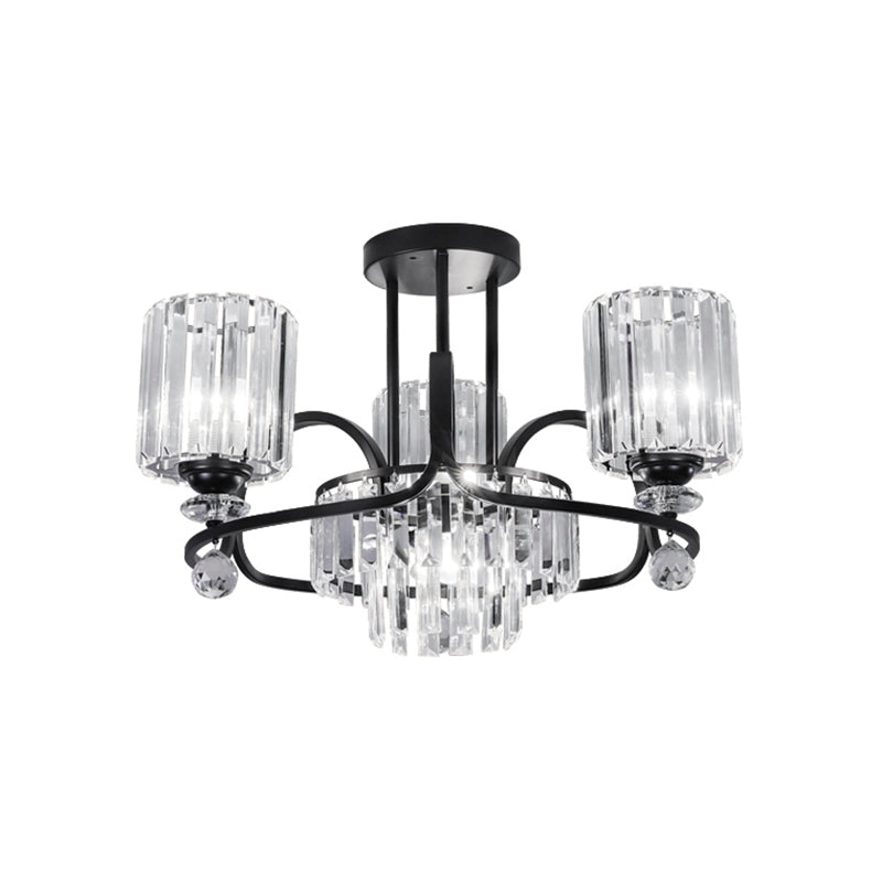 Modernist Crystal Prisms Cylindrical Suspension Lamp - 4-Bulb Black Ceiling Chandelier for Drawing Room