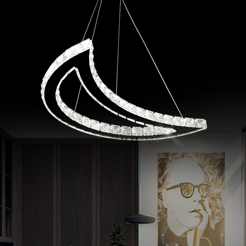 Crystal Block Crescent Ceiling Lamp: Simplicity Stainless-Steel LED Pendant Chandelier in Warm/White Light