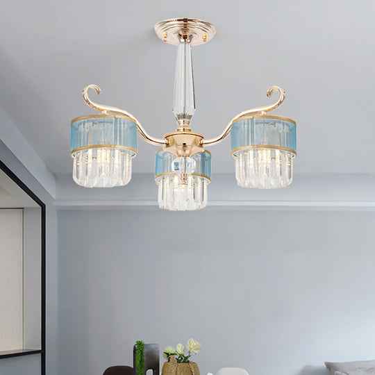 Cylinder Crystal Prisms Chandelier - Contemporary 3-Light Pendant In Gold