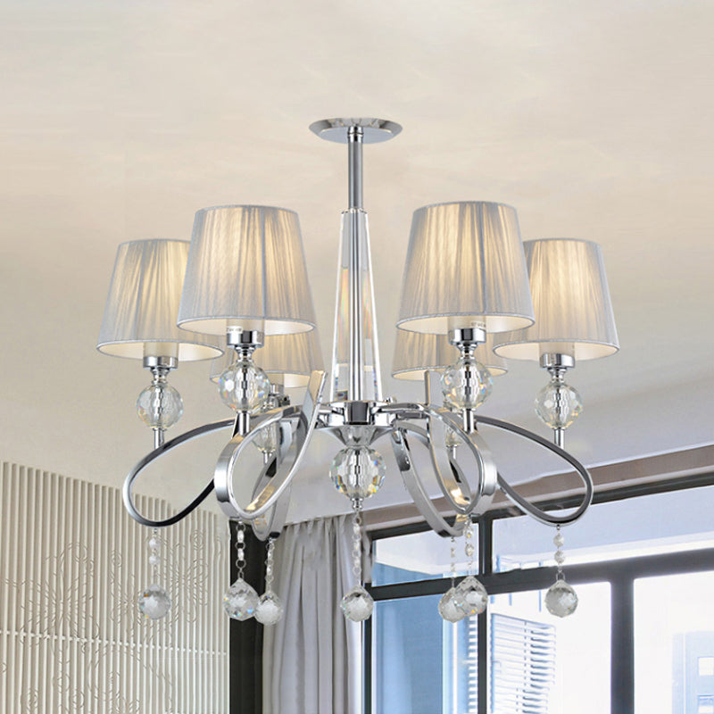 Modern Fabric Cone Chandelier Pendant with Crystal Accents – 6 Heads, Chrome Finish