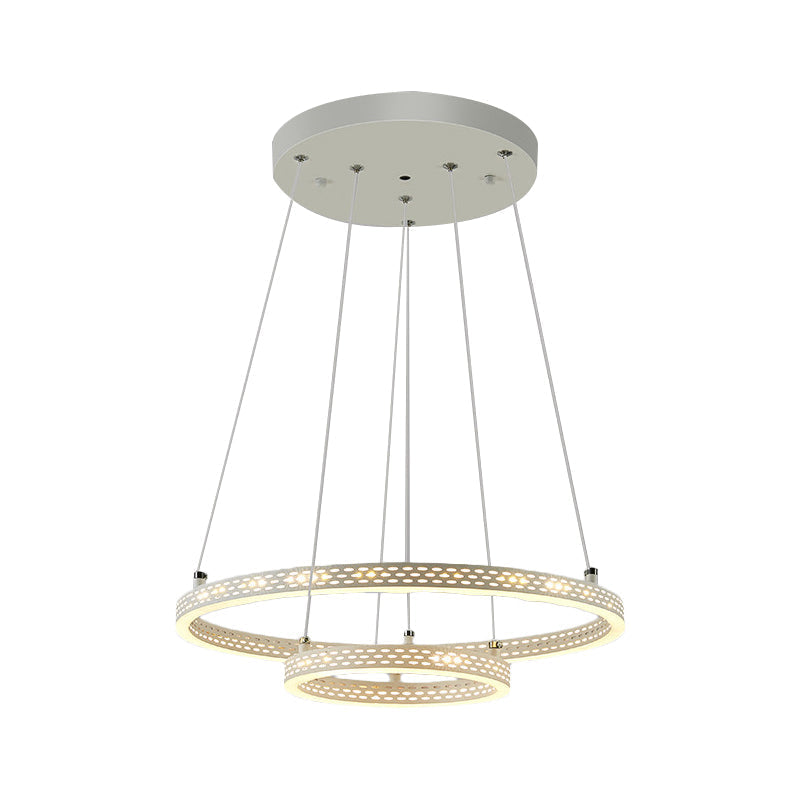 White Metallic LED Minimalist Pendant Chandelier - 2-Tier Hoop Dining Room Down Lighting