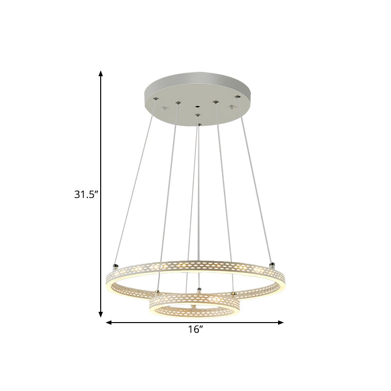 White Metallic LED Minimalist Pendant Chandelier - 2-Tier Hoop Dining Room Down Lighting