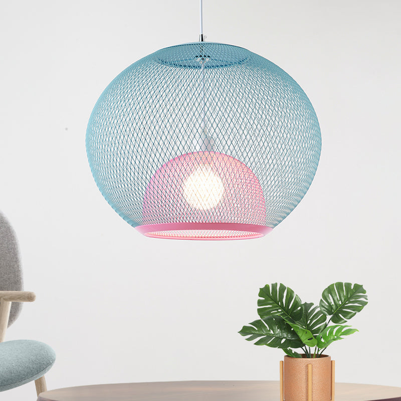 Global Mesh Restaurant Pendant Light - Metallic Single-Bulb Macaron Ceiling Fixture In Pink Yellow