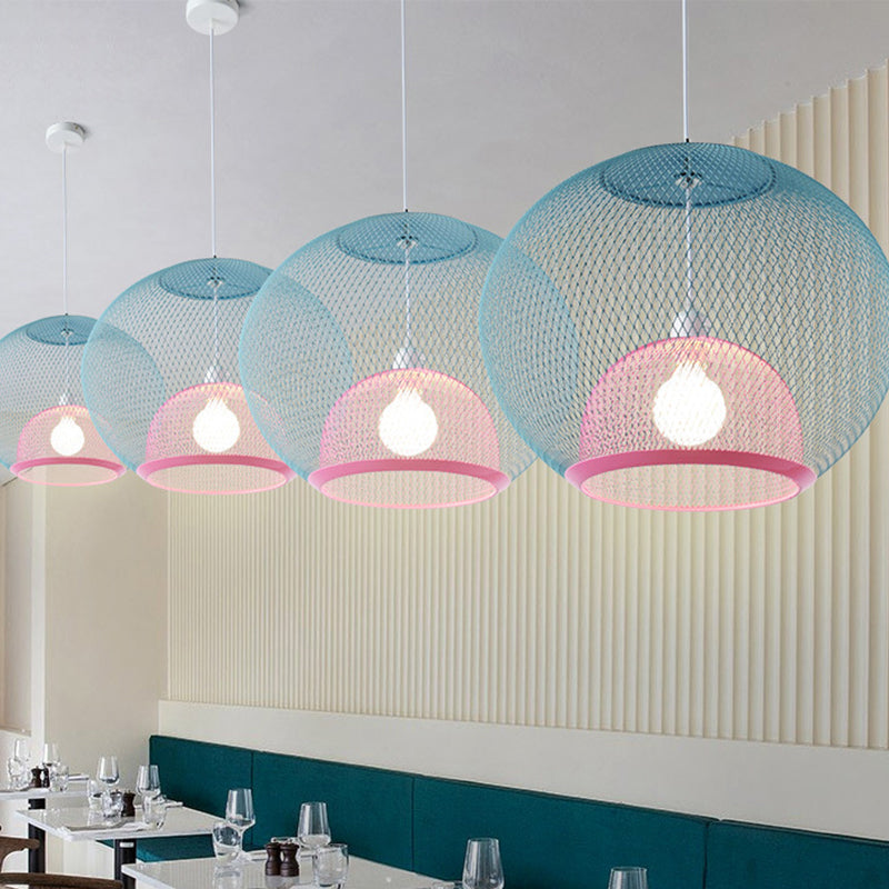 Global Mesh Restaurant Pendant Light - Metallic Single-Bulb Macaron Ceiling Fixture In Pink Yellow