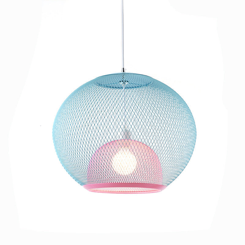 Global Mesh Restaurant Pendant Light - Metallic Single-Bulb Macaron Ceiling Fixture In Pink Yellow