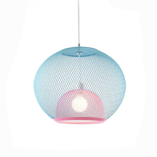 Global Mesh Restaurant Pendant Light - Metallic Single-Bulb Macaron Ceiling Fixture In Pink Yellow