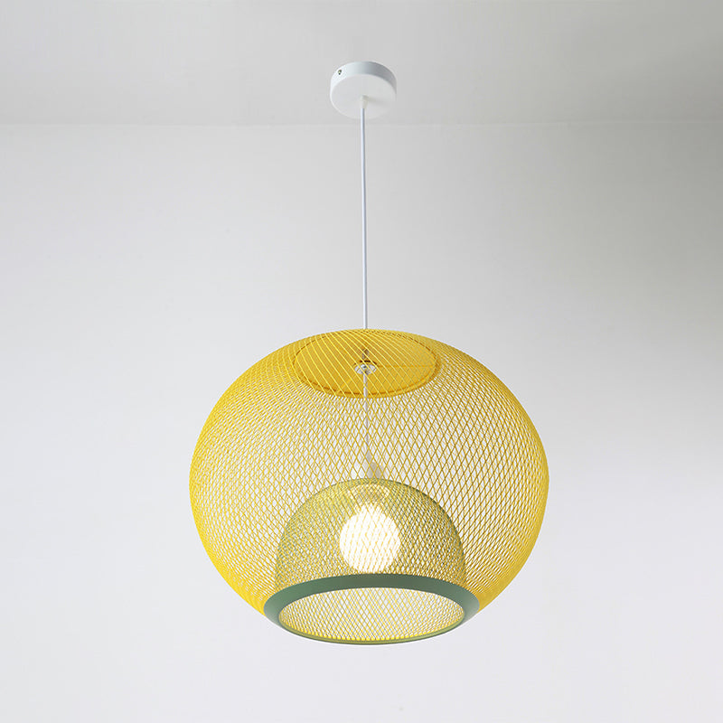 Global Mesh Restaurant Pendant Light - Metallic Single-Bulb Macaron Ceiling Fixture In Pink Yellow