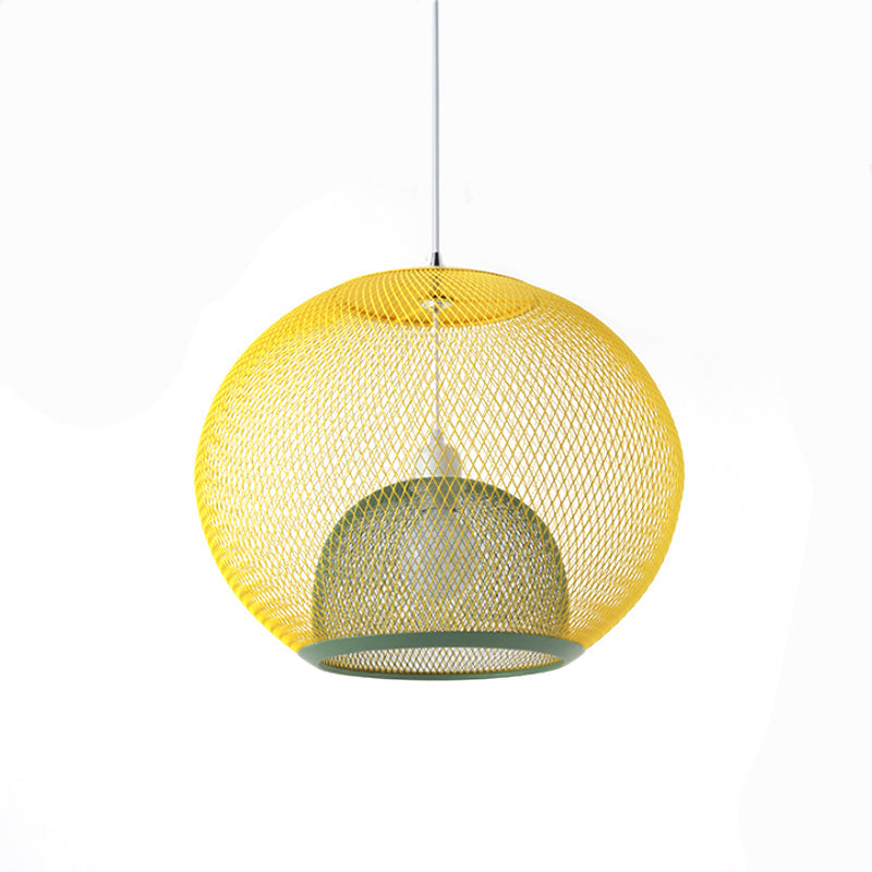 Global Mesh Restaurant Pendant Light - Metallic Single-Bulb Macaron Ceiling Fixture In Pink Yellow