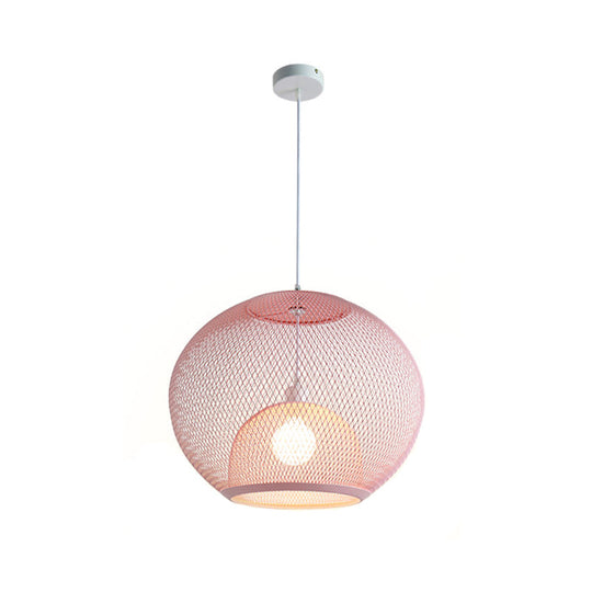 Global Mesh Restaurant Pendant Light - Metallic Single-Bulb Macaron Ceiling Fixture In Pink Yellow